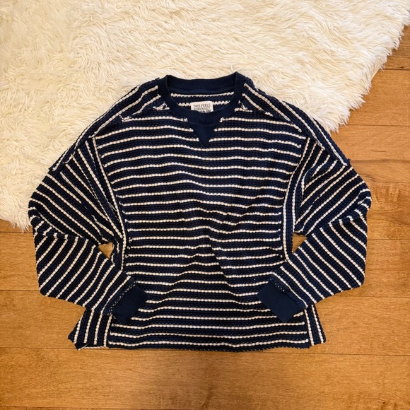 American Eagle Outfitters Sweaters - American Eagle Striped Waffle Knit Sweater Navy White XS Oversized Lived-In Vibe